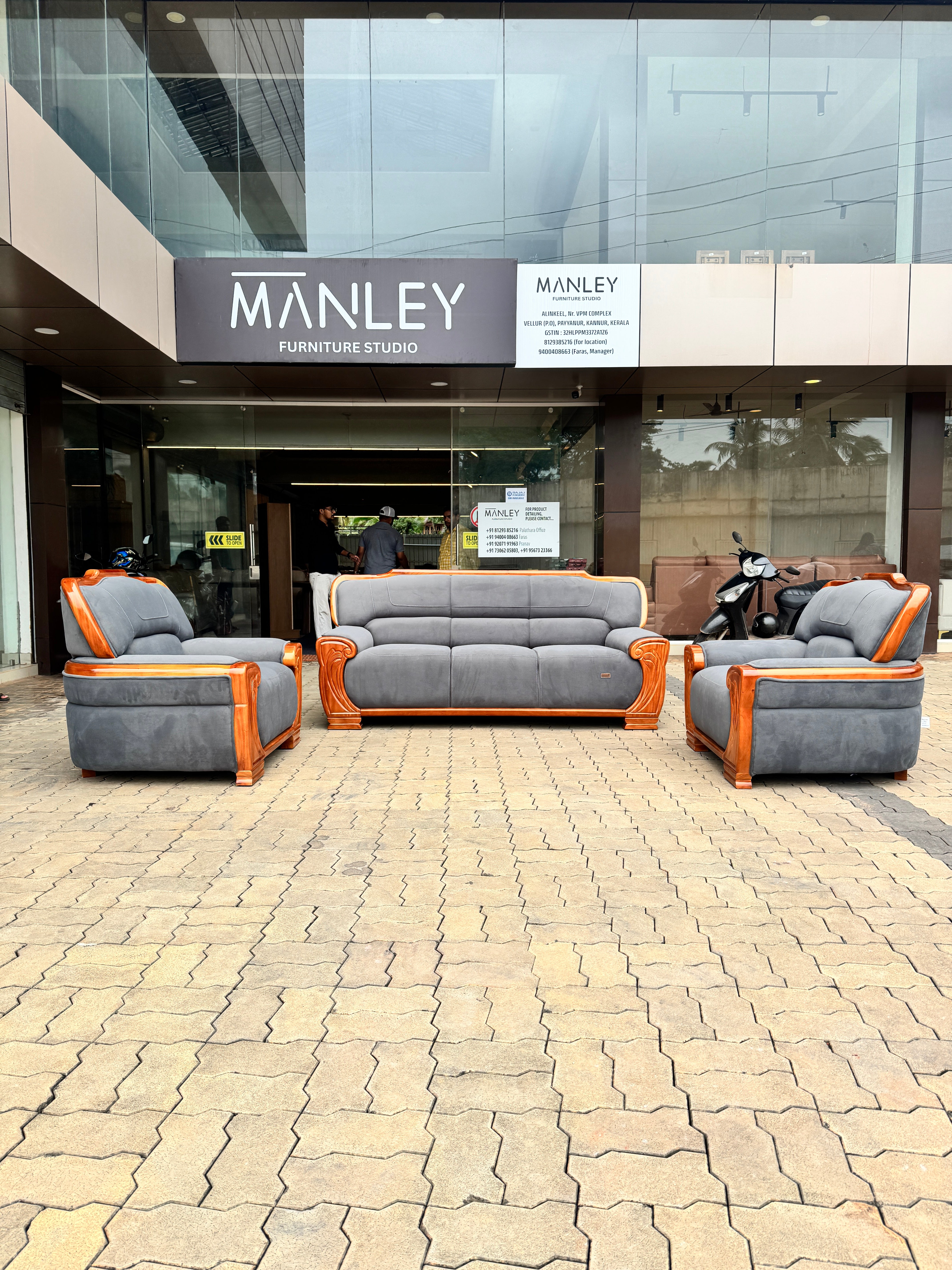 CHAISE 3+1+1 SOFA SET-TREATED MAHAGONY SUED FABRIC-GREY COLOUR