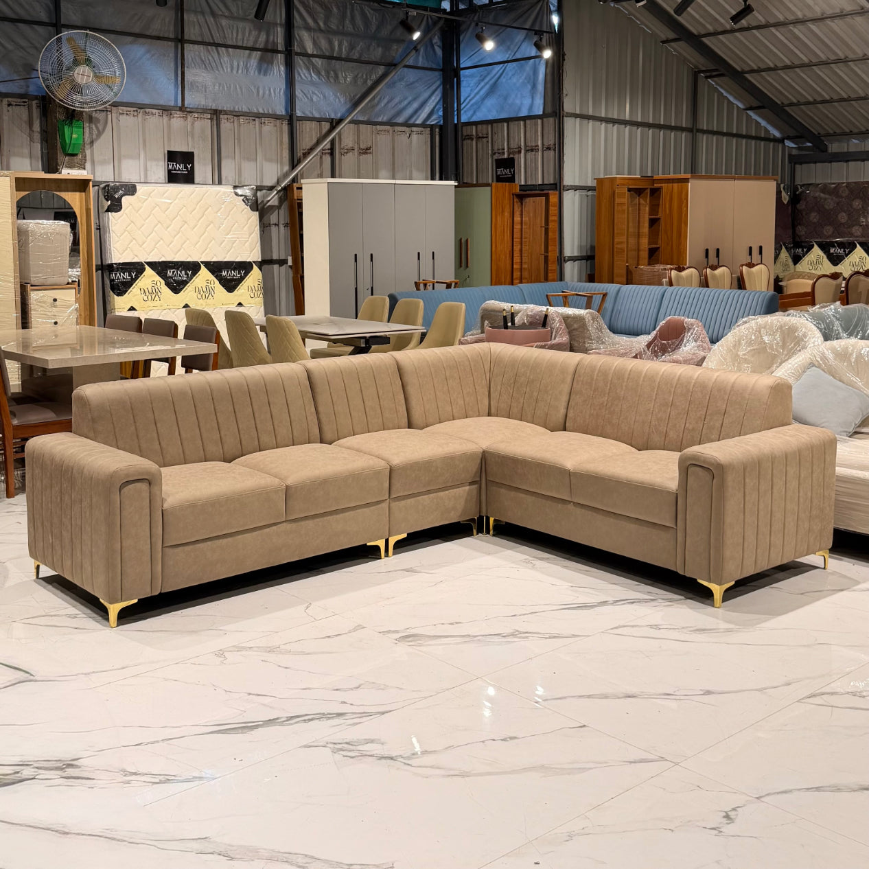 BOXER GOLDEN CORNER SOFA SET | SUEDE FABRIC & ACACIA WOOD | BEIGE