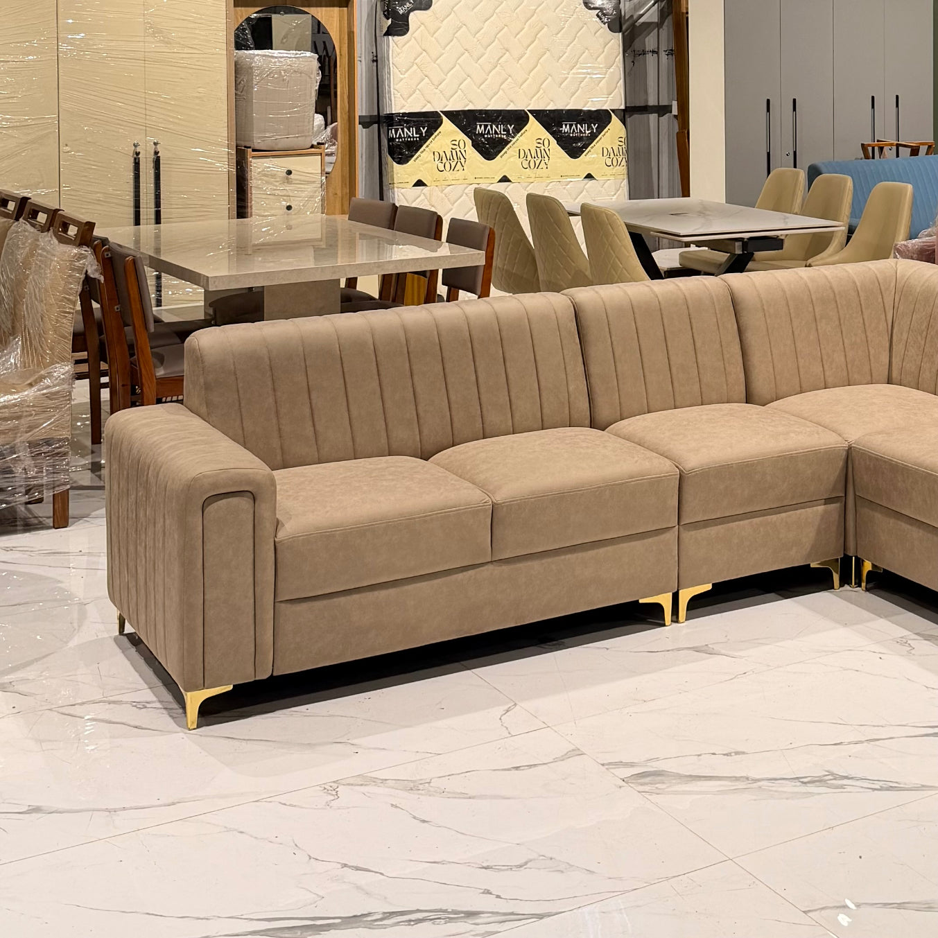 BOXER GOLDEN CORNER SOFA SET | SUEDE FABRIC & ACACIA WOOD | BEIGE