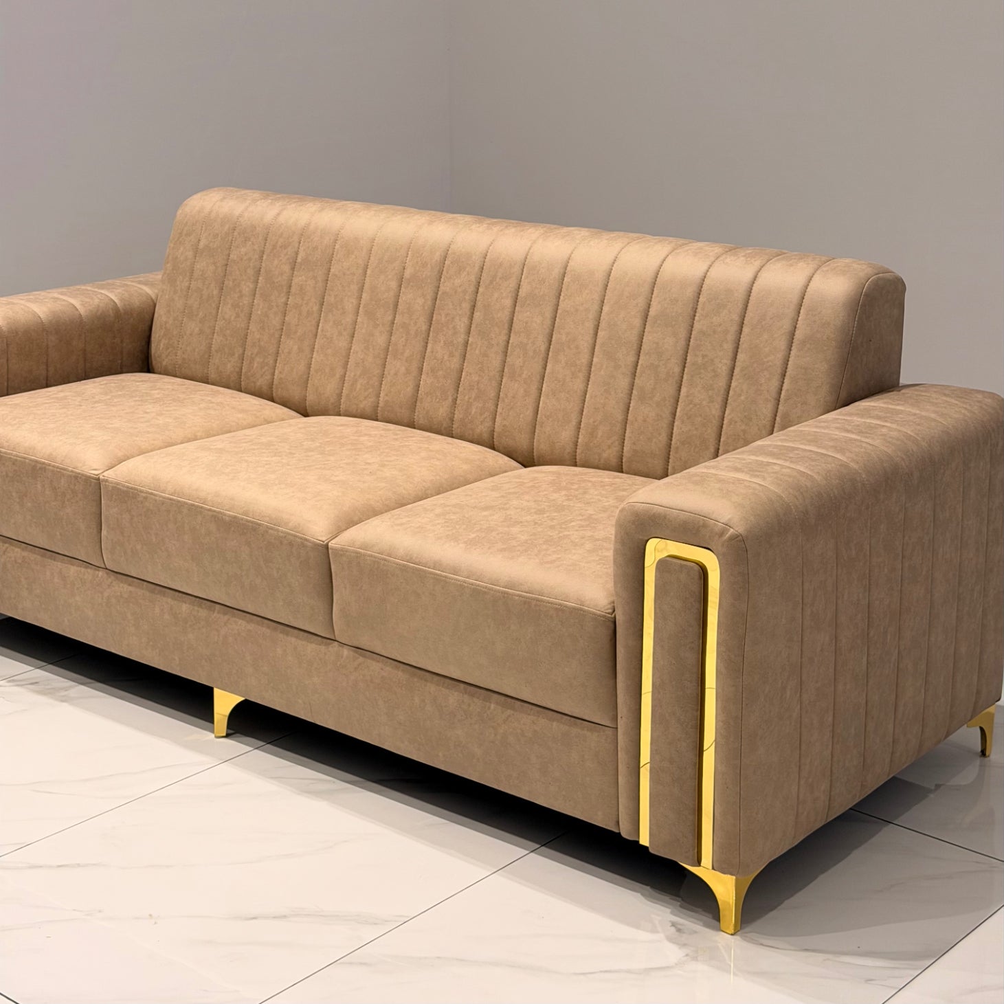 BOXER 3+3 SOFA SET | SUEDE FABRIC & WOOD FRAME | BEIGE