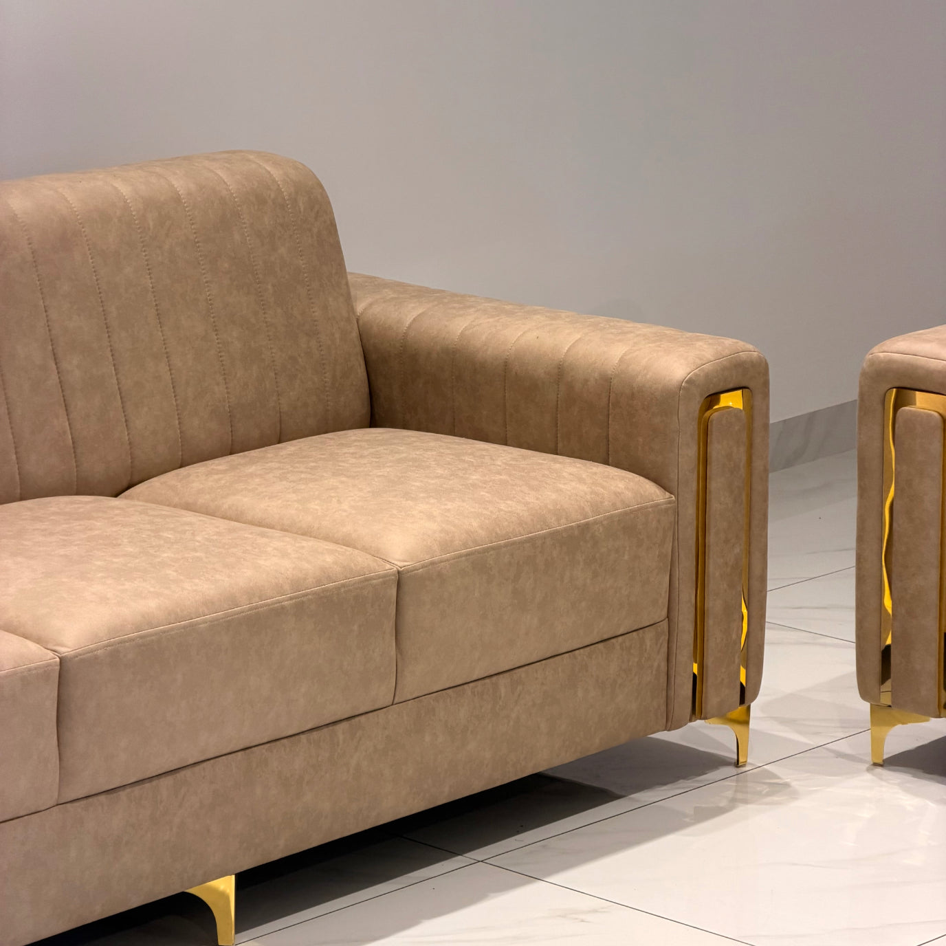 BOXER 3+3 SOFA SET | SUEDE FABRIC & WOOD FRAME | BEIGE