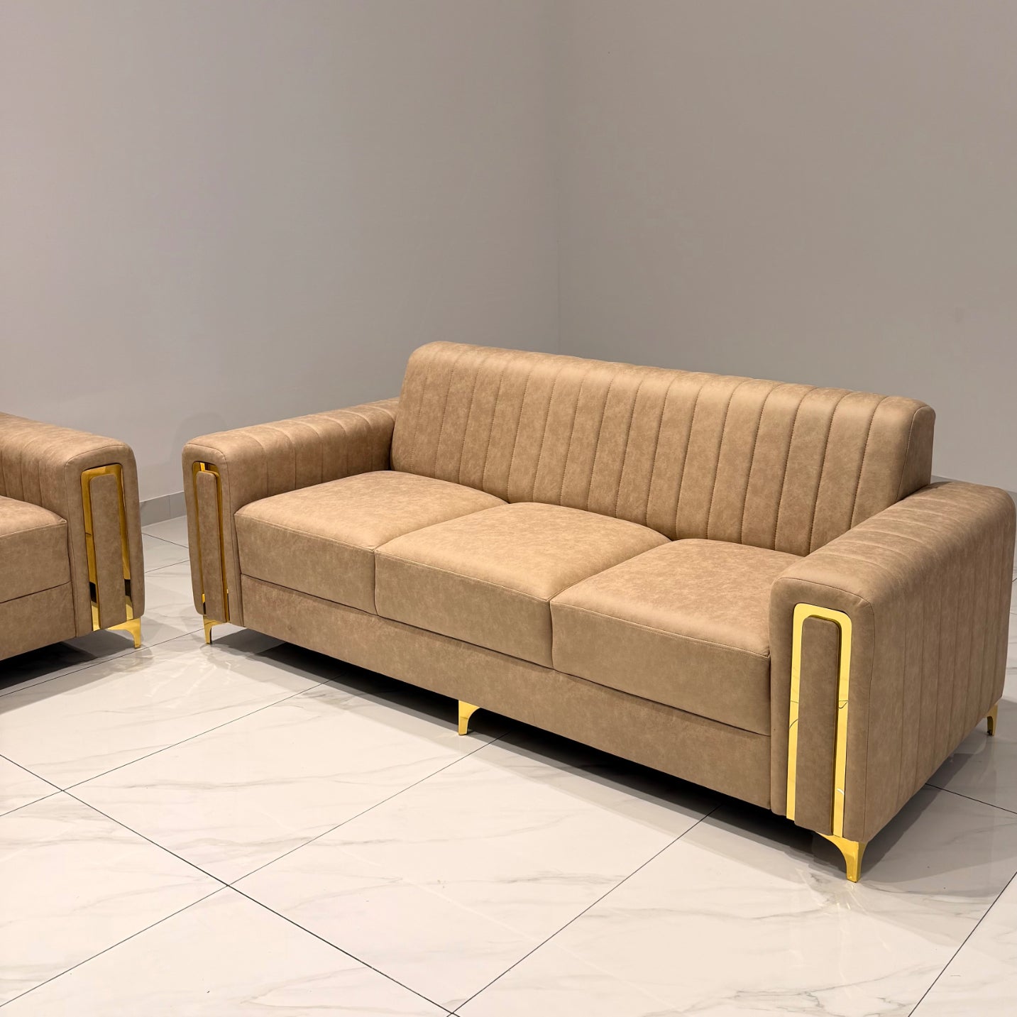 BOXER 3+3 SOFA SET | SUEDE FABRIC & WOOD FRAME | BEIGE