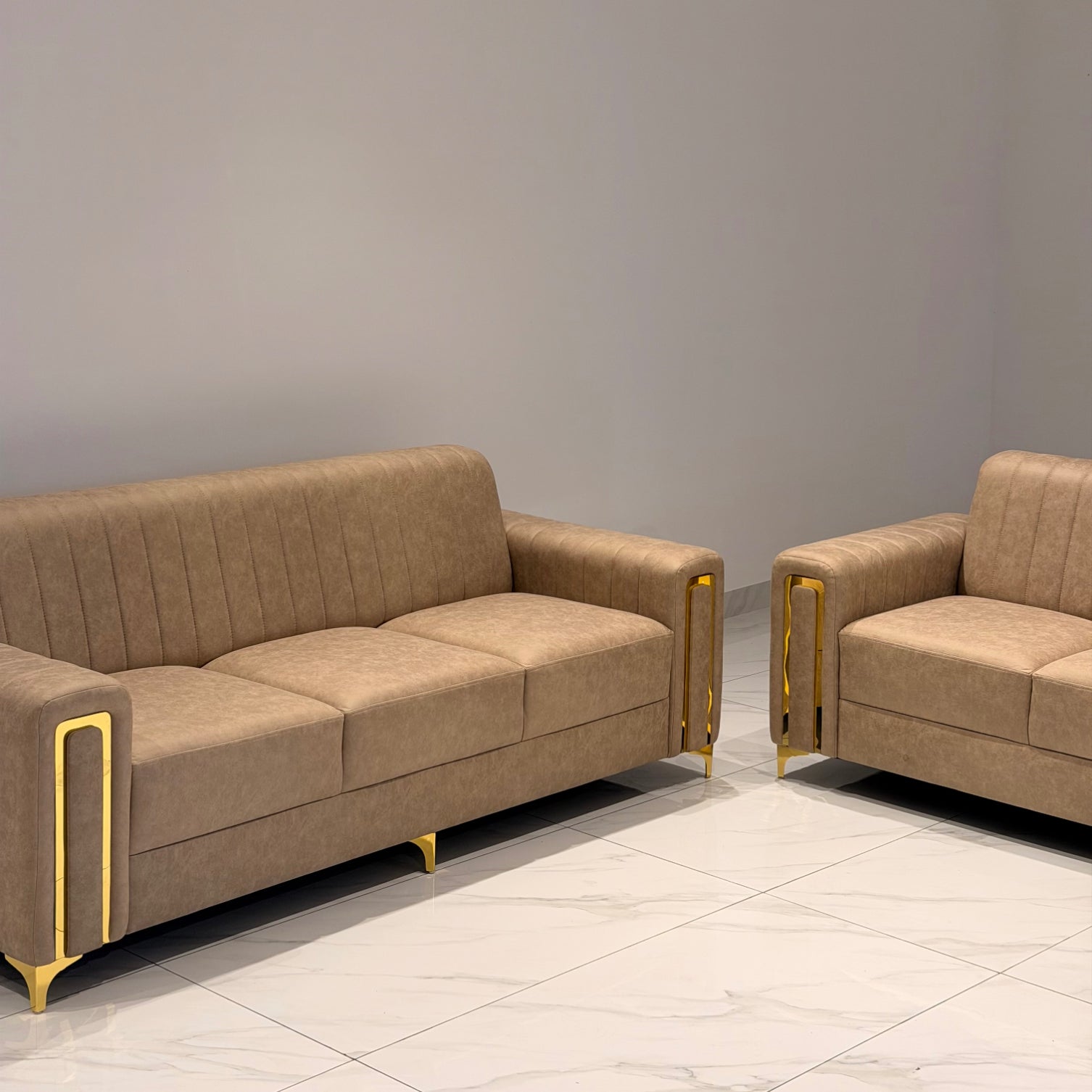BOXER 3+3 SOFA SET | SUEDE FABRIC & WOOD FRAME | BEIGE