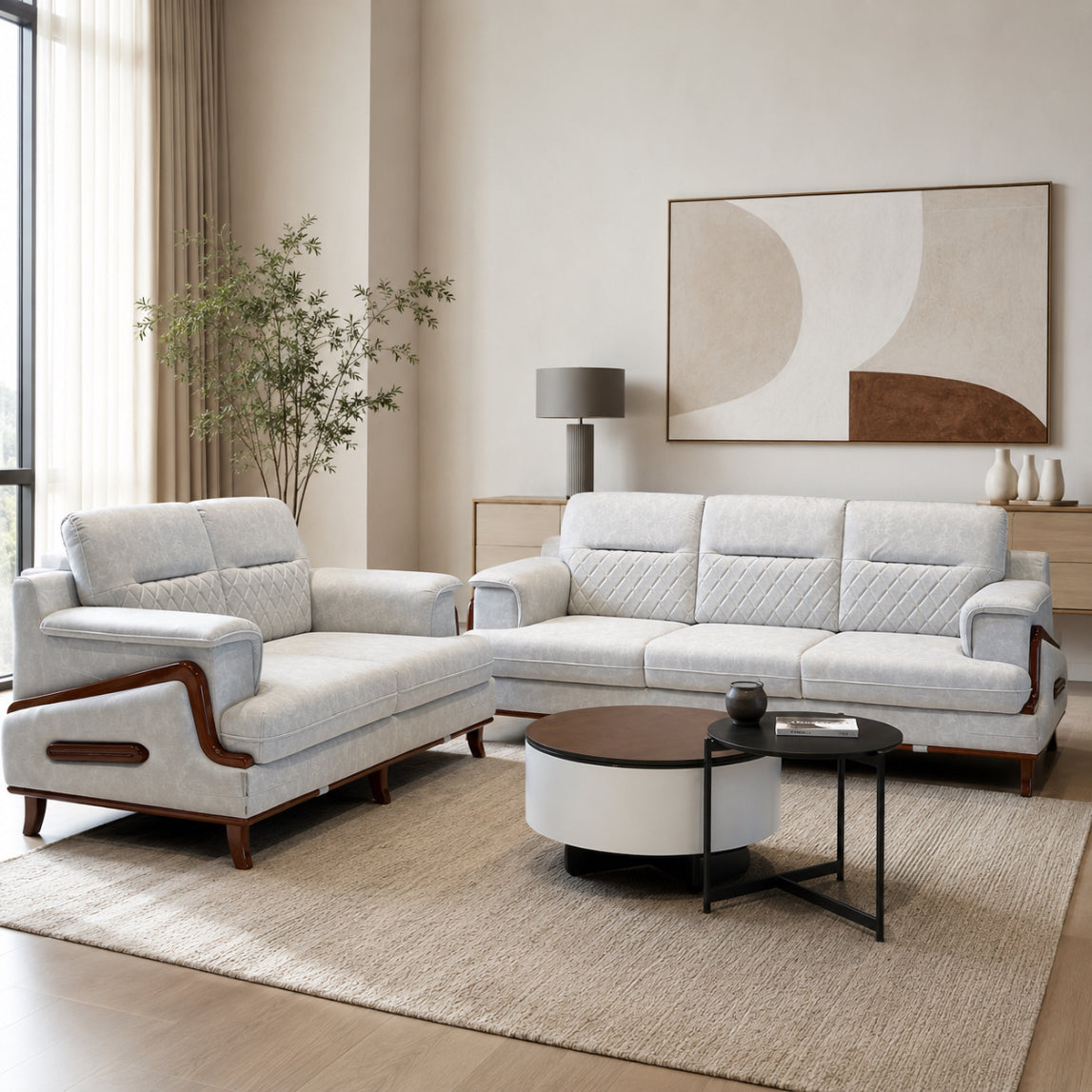 Barfi 3+2 Sofa Set – Premium Suede Fabric with Mahogany Frame