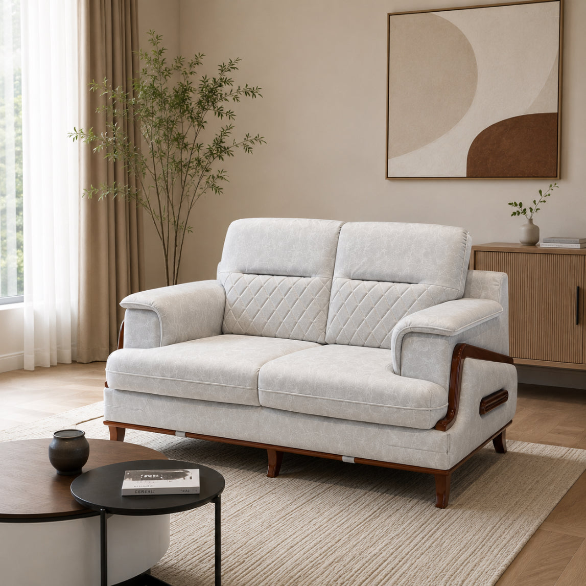 Barfi 3+2 Sofa Set – Premium Suede Fabric with Mahogany Frame