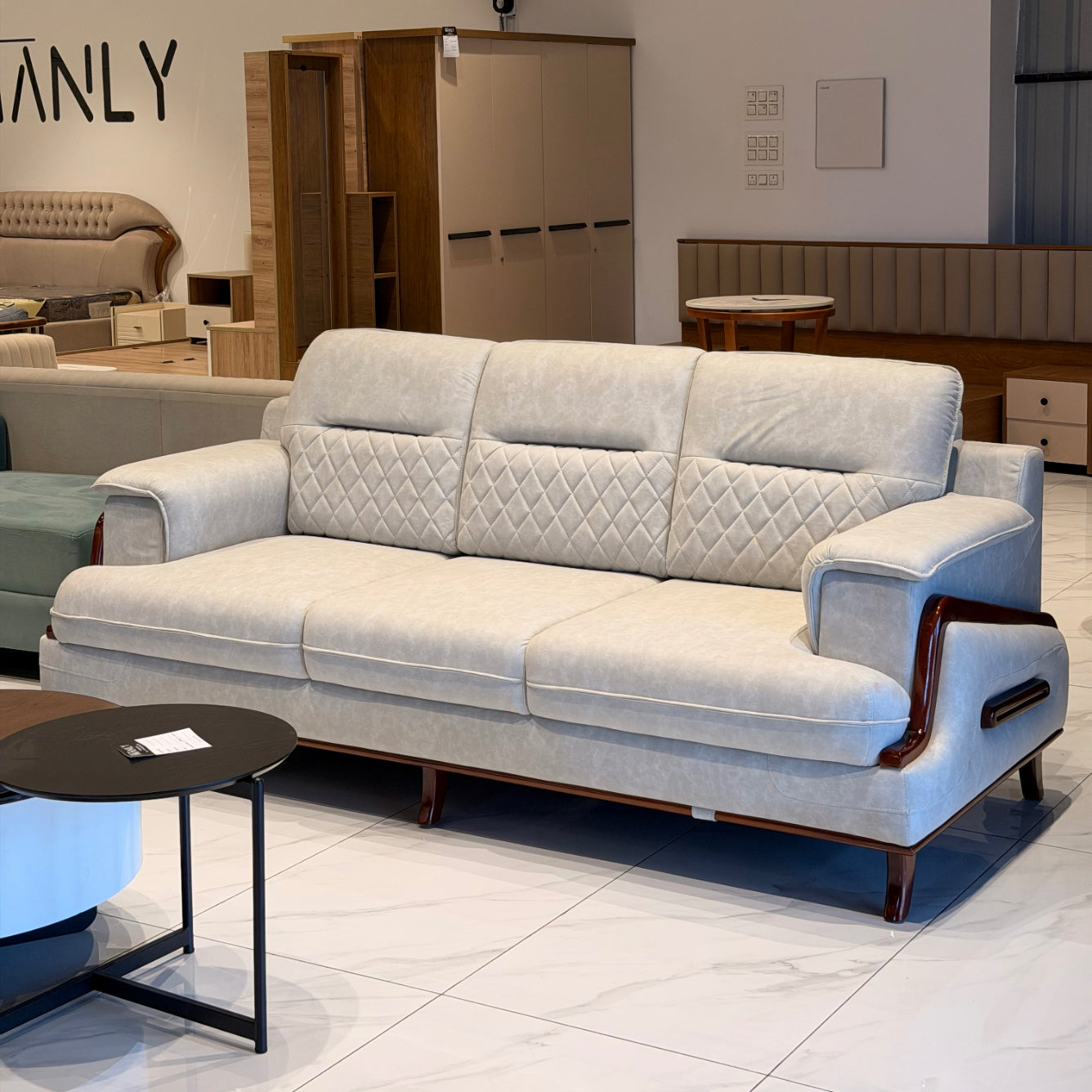 Barfi 3+2 Sofa Set – Premium Suede Fabric with Mahogany Frame