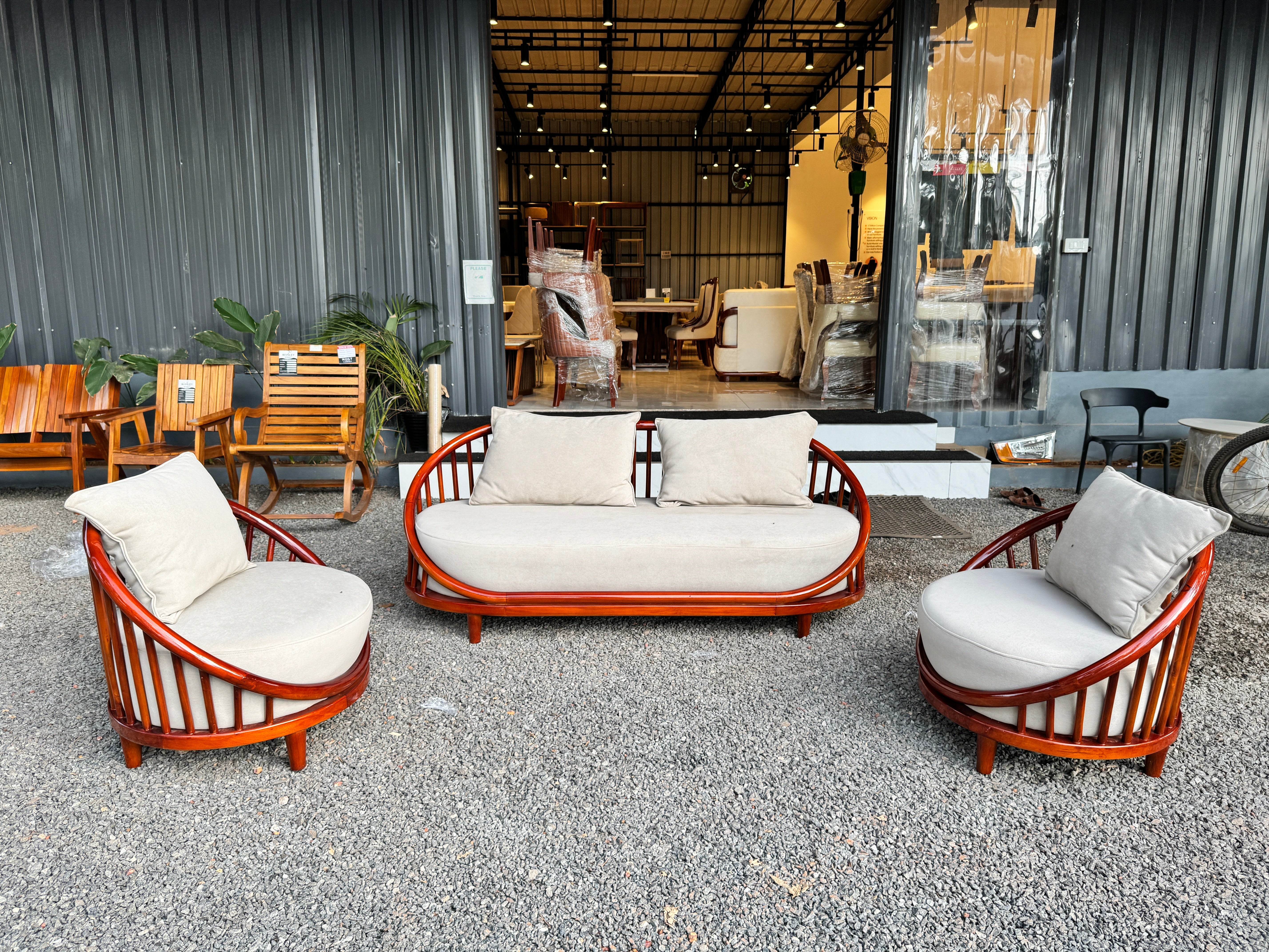 POSH 2+1+1 SOFA SET | SUEDE FABRIC & MAHOGANY FRAME | GREY