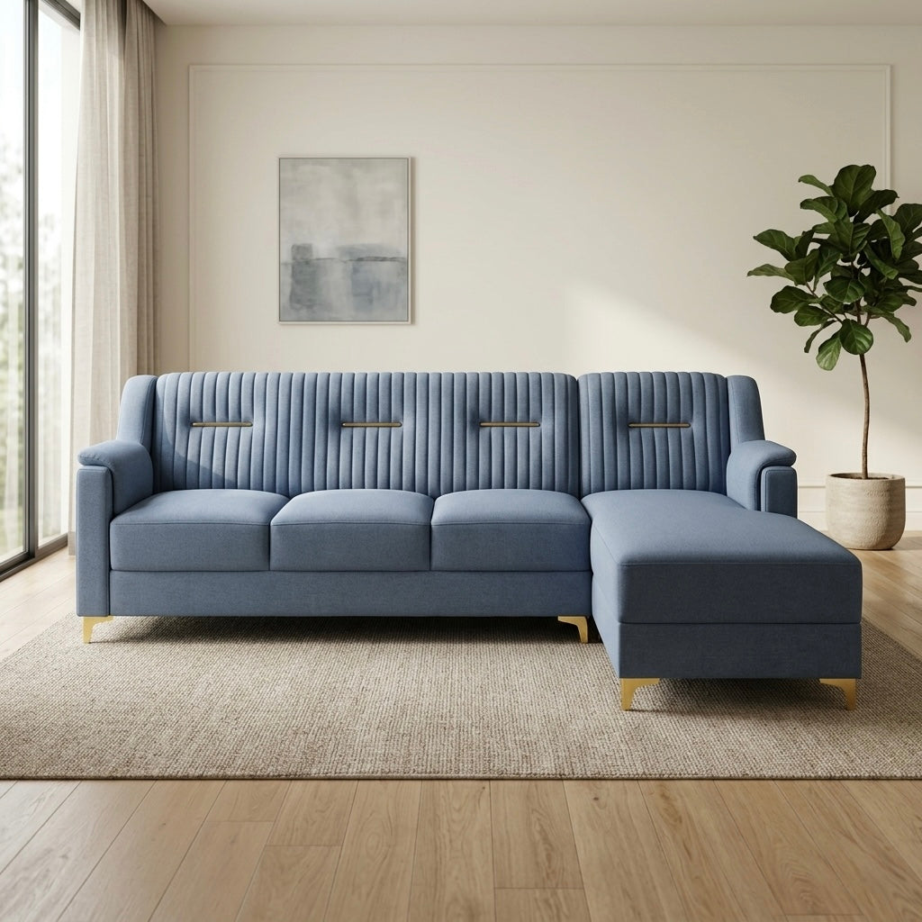 MANLEY SIGNATURE LAUNCHER SOFA | SUEDE FABRIC & ACACIA WOOD FRAME | LIGHT BLUE