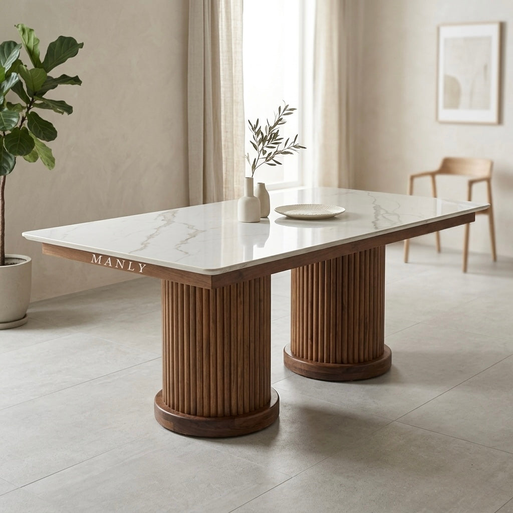 PILLER MODEL 6-SEATER DINING SET | ACACIA WOOD & WHITE CERAMIC TOP | 6×3.5 FT