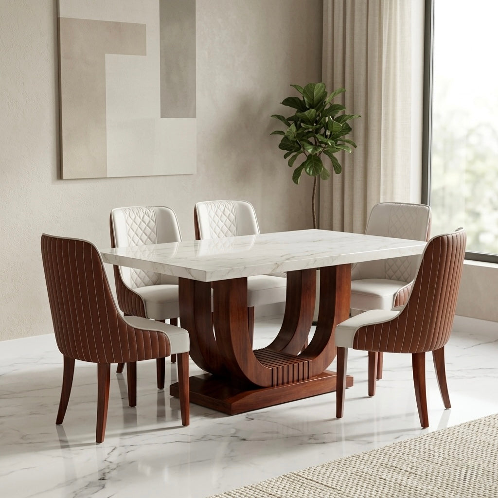 SEEV 6-SEATER DINING SET | MAHOGANY & CERAMIC TOP | REXIN CHAIRS | 6×3.5 FT