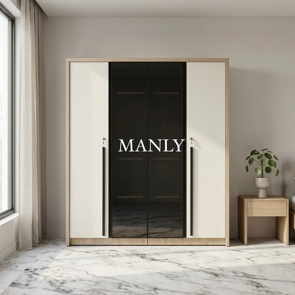 MUSK 4-DOOR WARDROBE | 2 GLASS DOORS | UV BOARD & PARTICLE BOARD | OFF WHITE