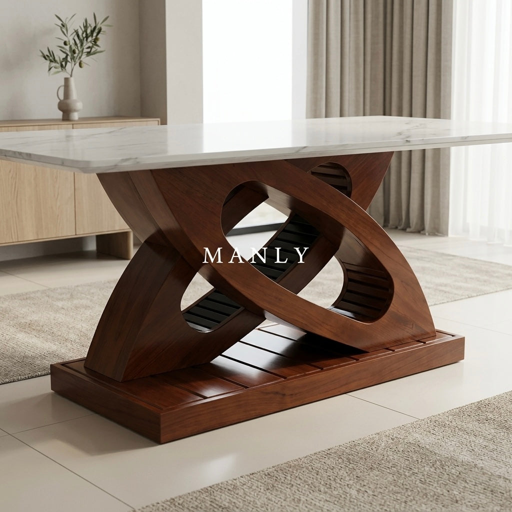 BUTTERFLY 6-SEATER DINING TABLE | MAHOGANY & WHITE CERAMIC TOP | 6×3.5 FT