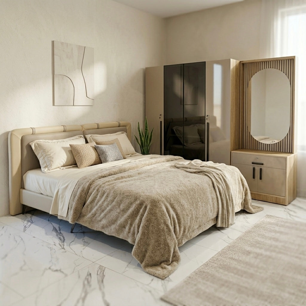 MOZART 4 DOOR KING SIZE BEDROOMSET- COLOUR GREY-PARTICLE BOARD AND UV BOARD DOORS