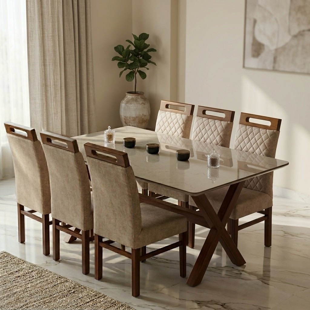 MISTIC 6-SEATER DINING SET | MAHOGANY TABLE & ACACIA CHAIRS | CERAMIC TOP | 6×3.5 FT