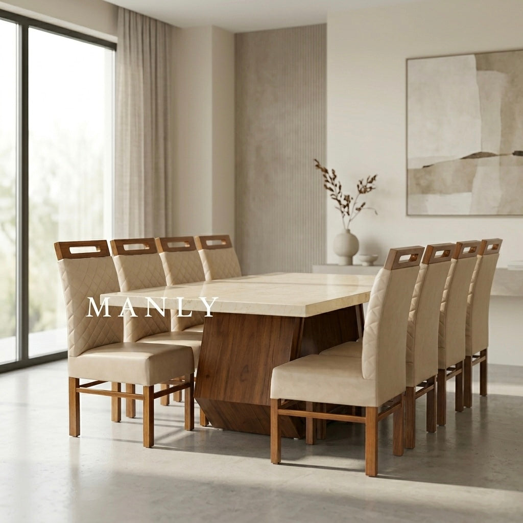 KLASH 8-SEATER DINING SET | MAHOGANY TABLE & ACACIA CHAIRS | CERAMIC TOP | 7×3.5 FT