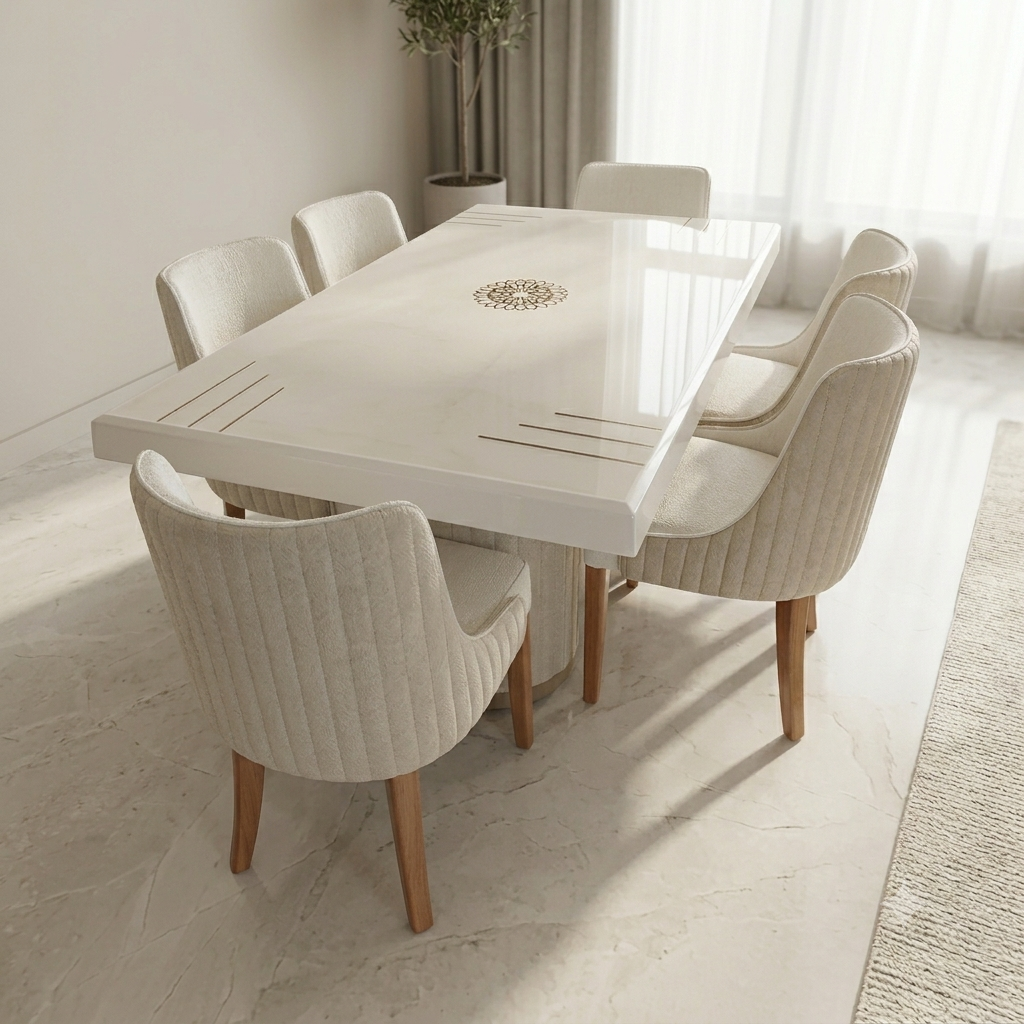 TAKRA 6 SETER 6X3.5 ONYX DINING SET  | ONYX AND CUSSION LEGS-WHITE COLOUR