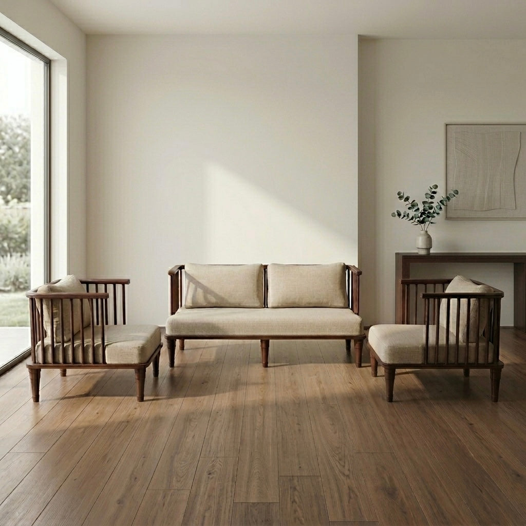 CLASSY NEW 3+1+1 SOFASET-TEAK WITH FABRIC-OFF WHITE COLOUR
