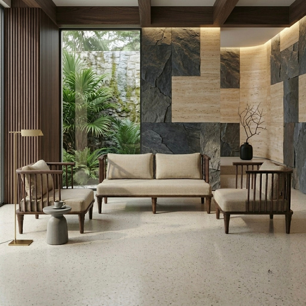 CLASSY NEW 3+1+1 SOFASET-TEAK WITH FABRIC-OFF WHITE COLOUR