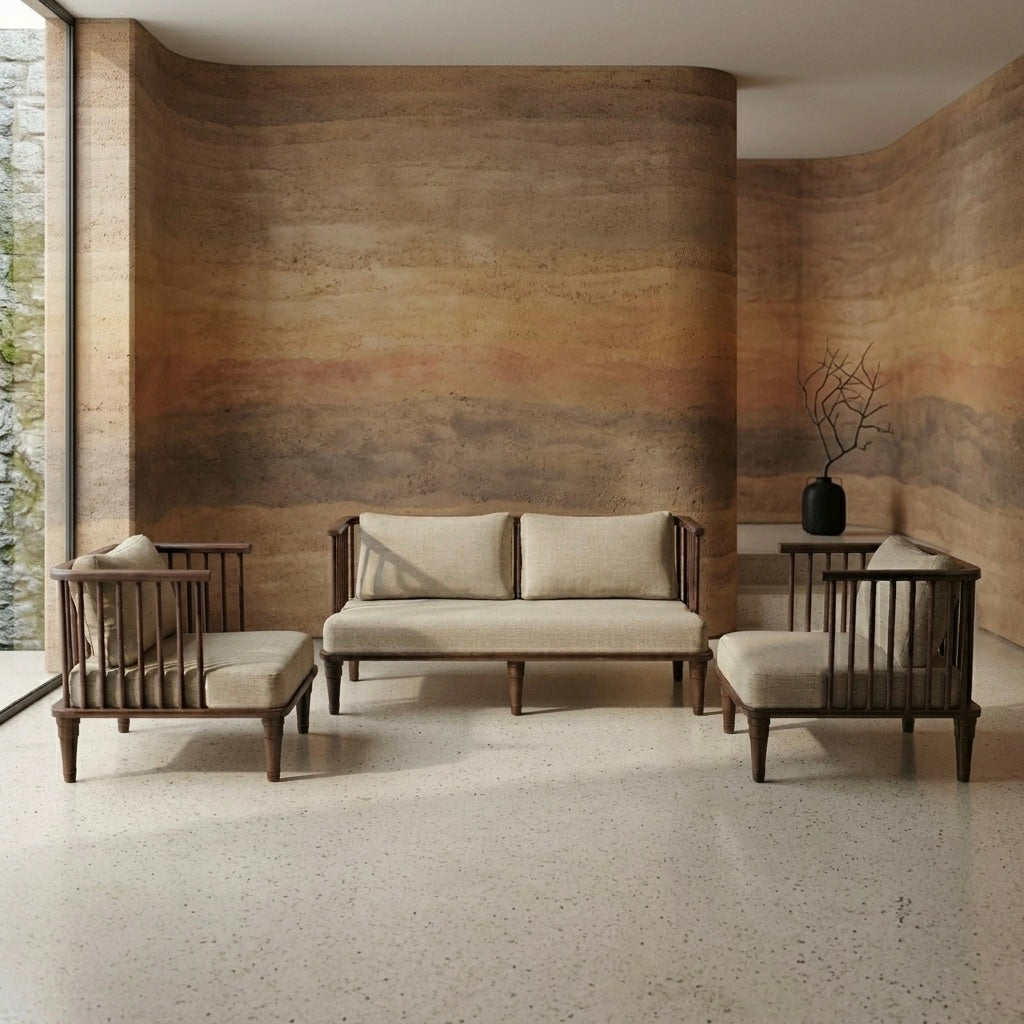 CLASSY NEW 3+1+1 SOFASET-TEAK WITH FABRIC-OFF WHITE COLOUR