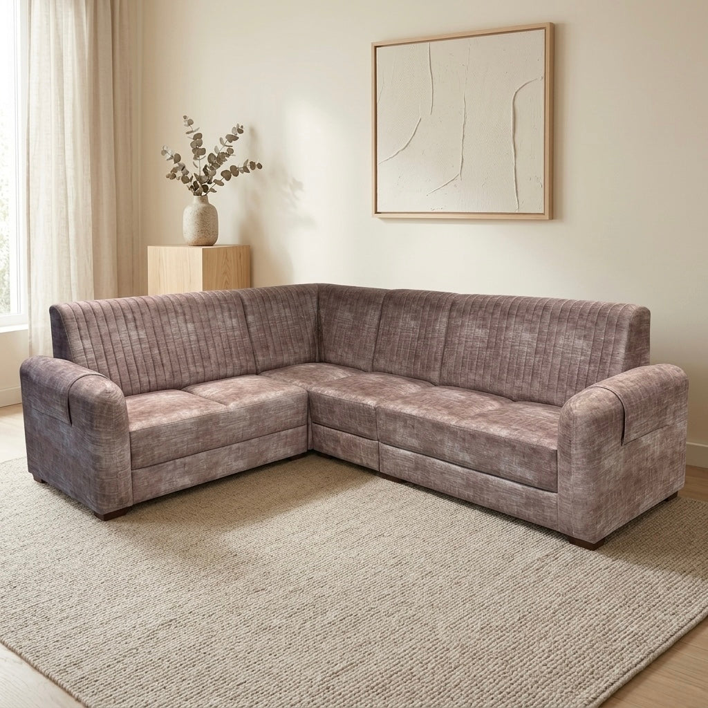 PLUSH CORNER SOFASET PINK COLOUR  – FABRIC WITH WOOD FRAME