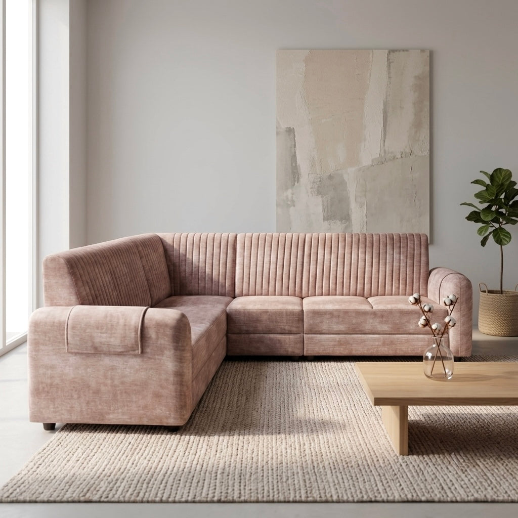 PLUSH CORNER SOFASET PINK COLOUR  – FABRIC WITH WOOD FRAME