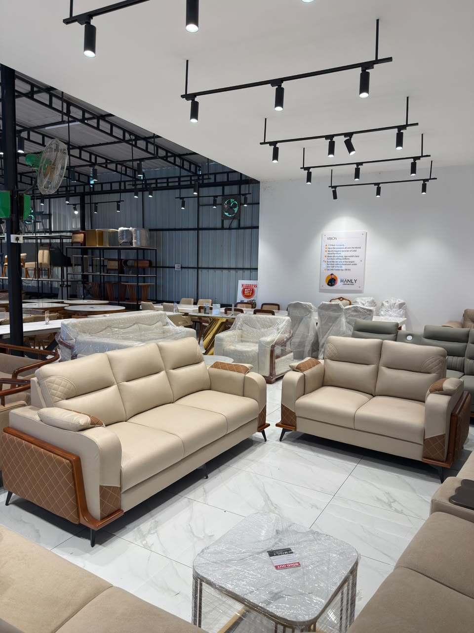 WINSLOW 3+2 SOFA SET | MAHOGANY WOOD & SUEDE FABRIC | BEIGE
