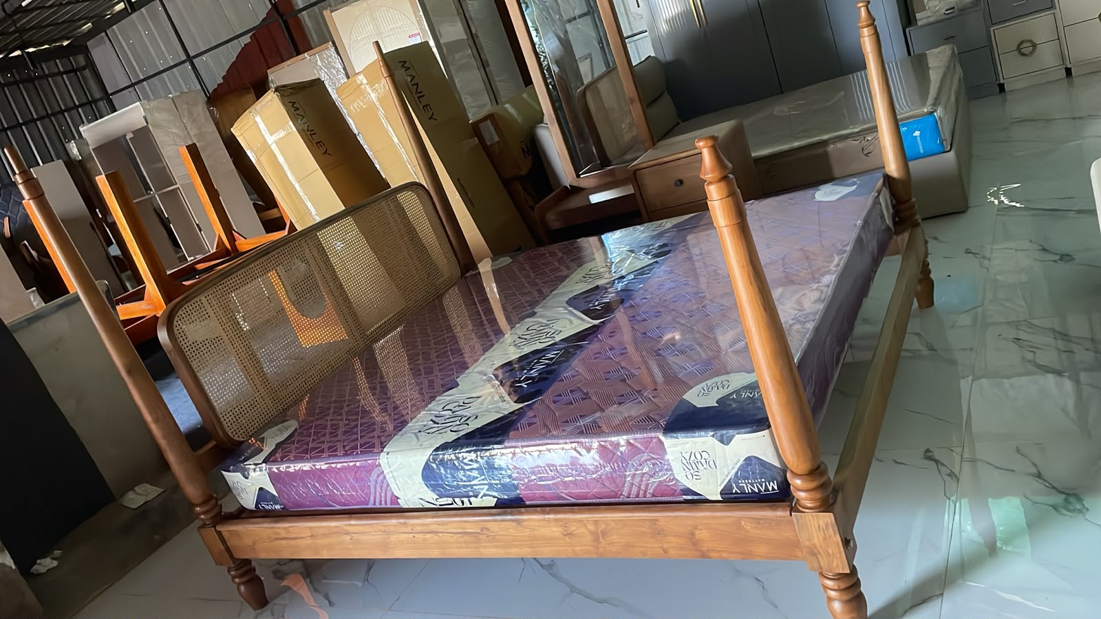 PILLER CANE COT KING SIZE -TEAK WITH NATURAL CANE