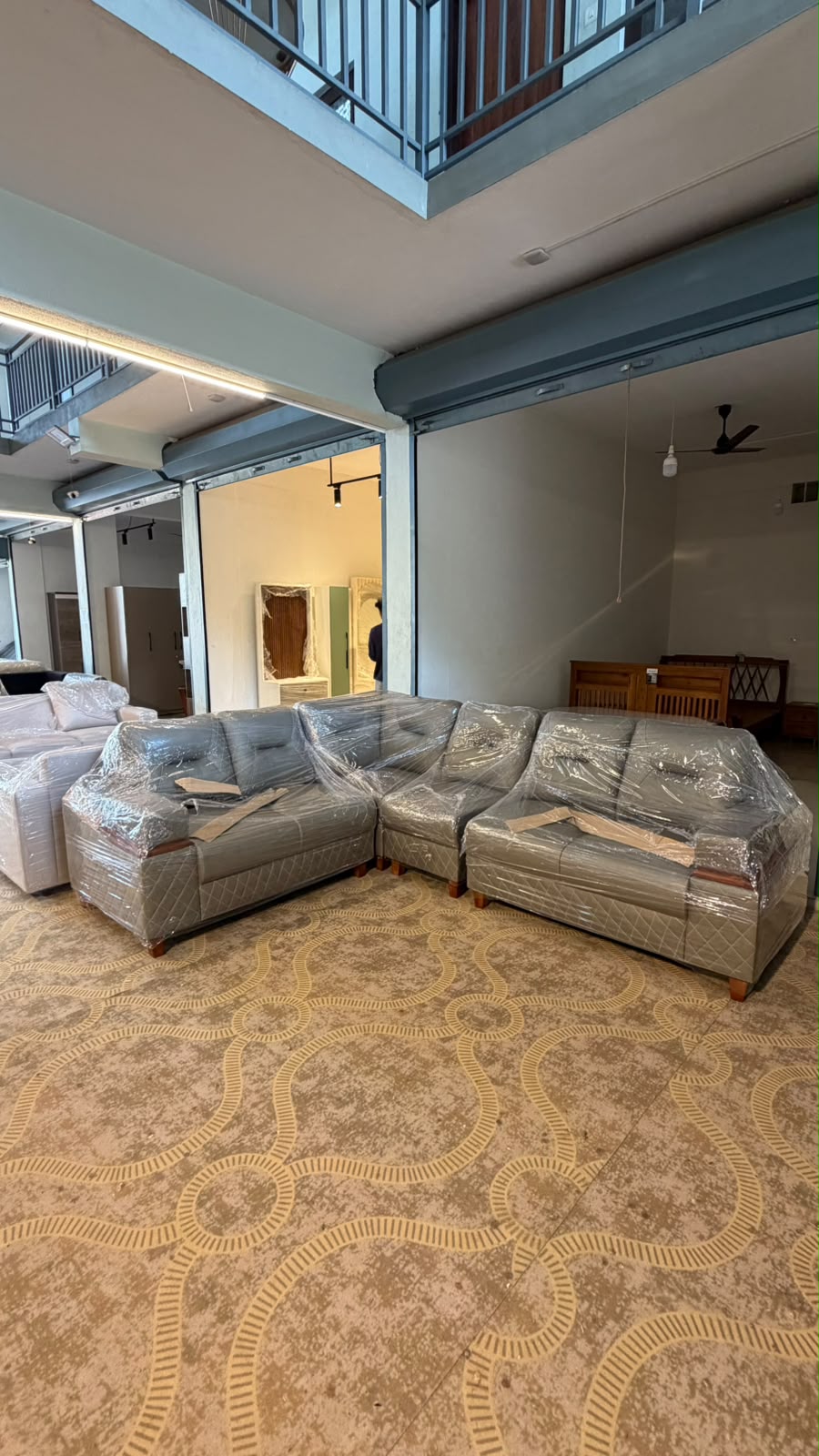CREST CORNER SOFA SET | MAHOGANY WOOD & SUEDE FABRIC UPHOLSTERY