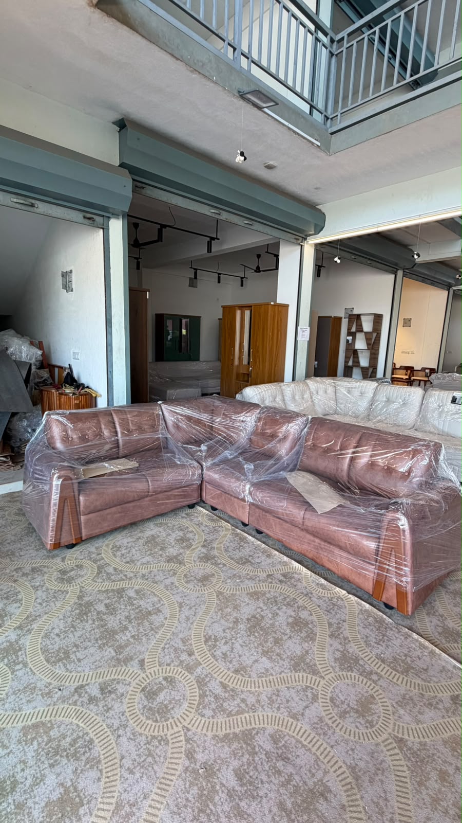 TRIANGLE CORNER SOFA SET | MAHOGANY WOOD & SUEDE FABRIC UPHOLSTERY