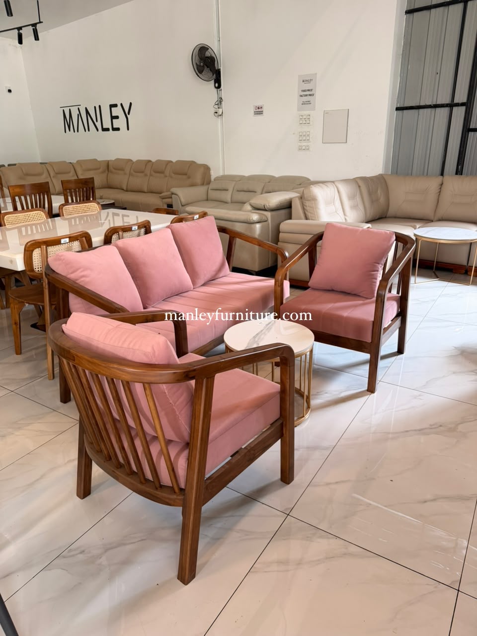 FLORENCE 3+1+1 SOFA SET | TEAK WOOD & SUEDE FABRIC UPHOLSTERY | PINK