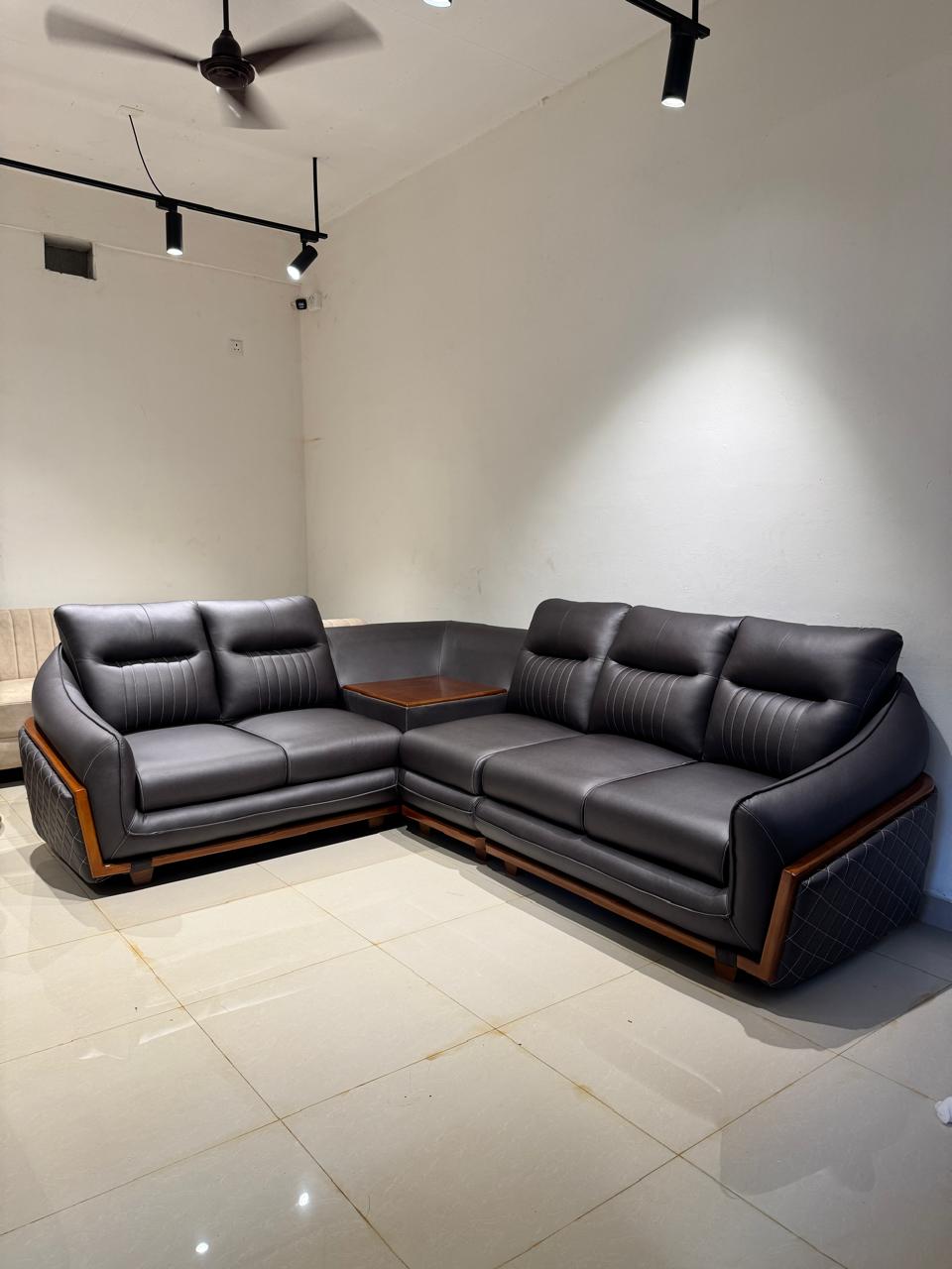 HAVEN CORNER SOFA SET-TREATED MAHAGONY WOOD SUEDE FABRIC-BLACK COLOUR