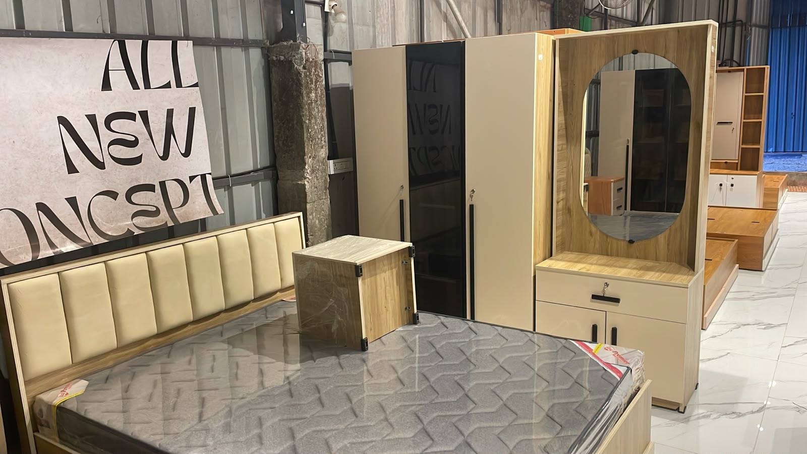 OPAL 3-DOOR GLASS BEDROOM SET | PARTICLE BOARD & GLASS DOORS | CREAM COLOUR