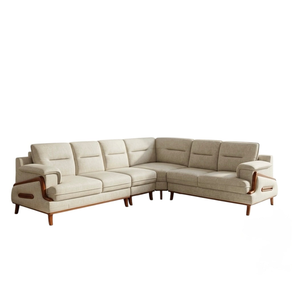 BARFI CORNER SOFA SET | SUEDE FABRIC & MAHOGANY FRAME | OFF WHITE