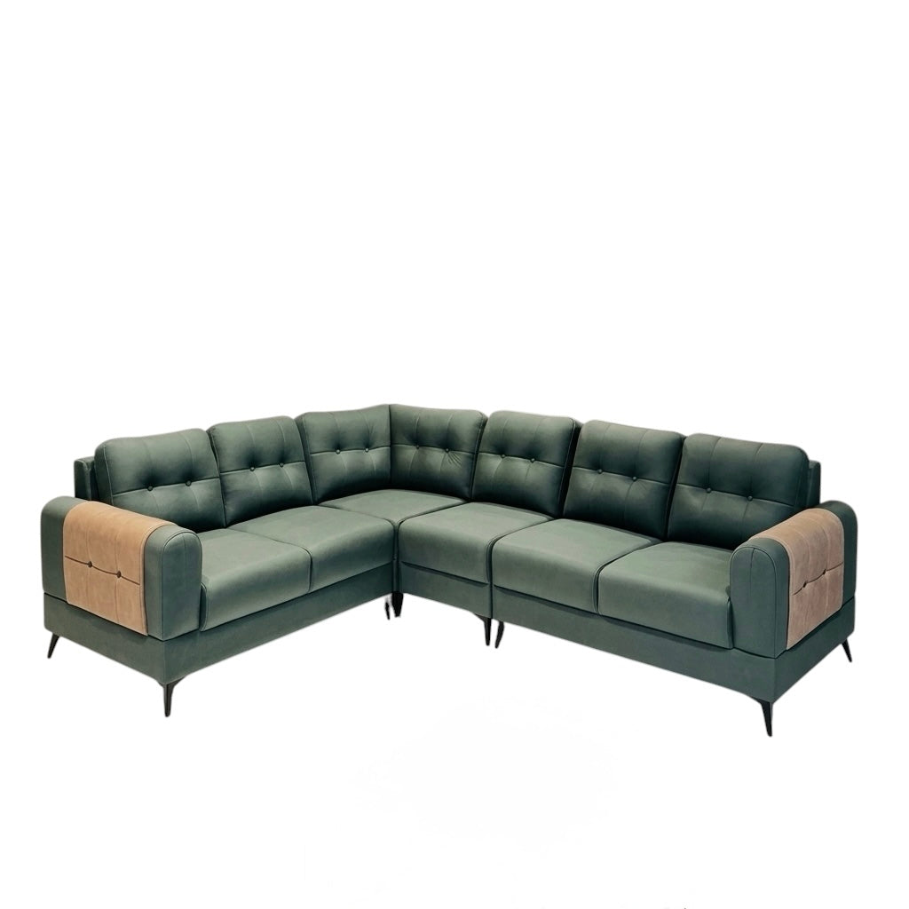 DUAL COLOUR CORNER SOFA SET | SUEDE FABRIC & MAHOGANY FRAME | DARK GREEN