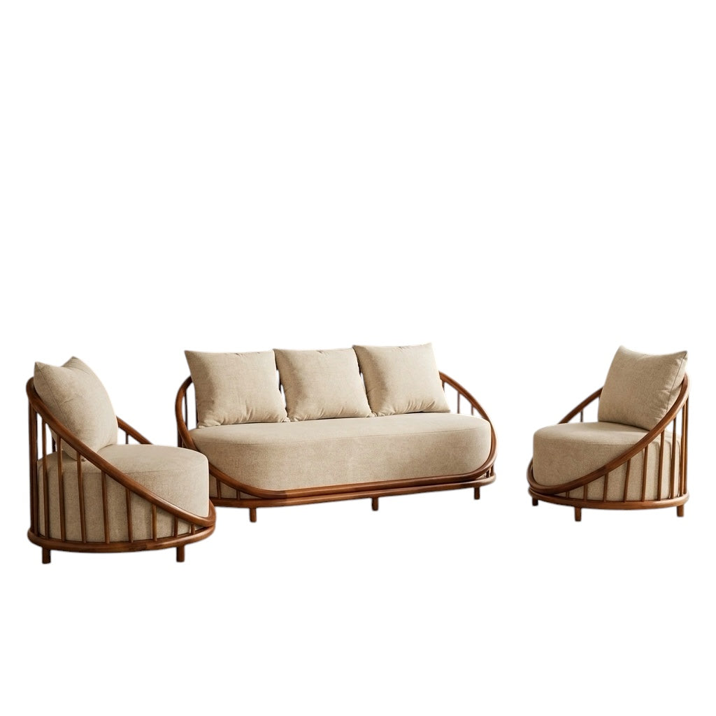 BELLAPOSH 3+1+1 SOFA SET | SUEDE FABRIC & MAHOGANY FRAME | CREAM | POCKET SPRING