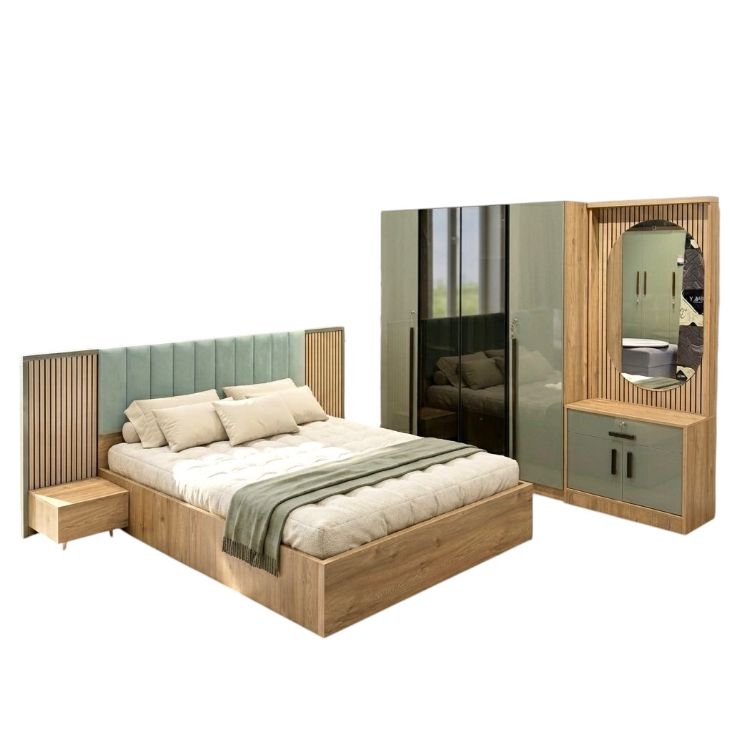 SLEECON 4 GLASS DOOR BEDROOMSET | Green | Particle Board & UV Board Doors