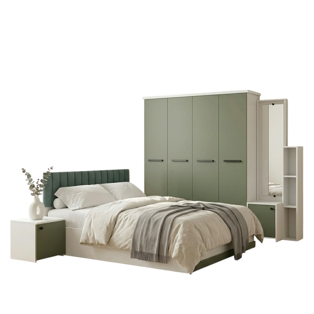 SPYDER PREMIUM 4-DOOR QUEEN SIZE BEDROOM SET | PARTICLE BOARD | OLIVE GREEN & WHITE
