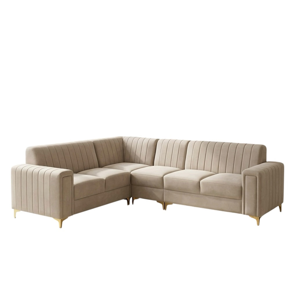 BOXER GOLDEN CORNER SOFA SET | SUEDE FABRIC & ACACIA WOOD | BEIGE
