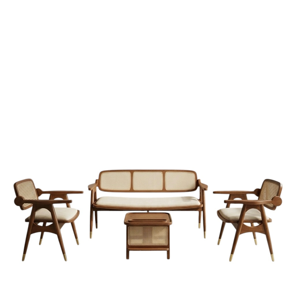 Royal 3+1+1 Sofa Set | Mahogany & Natural Cane | Without Teapoy