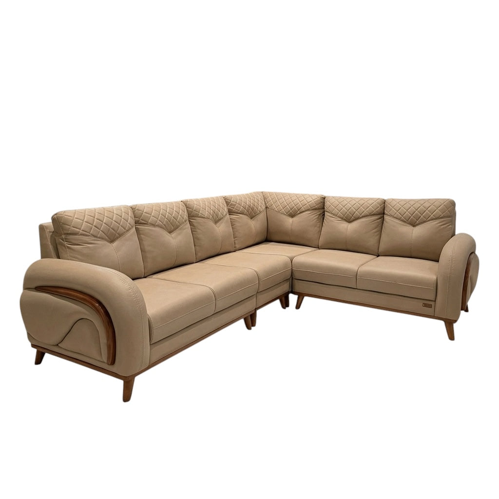 PIXMA CORNER SOFA SET | SUEDE FABRIC & MAHOGANY FRAME | CREAM