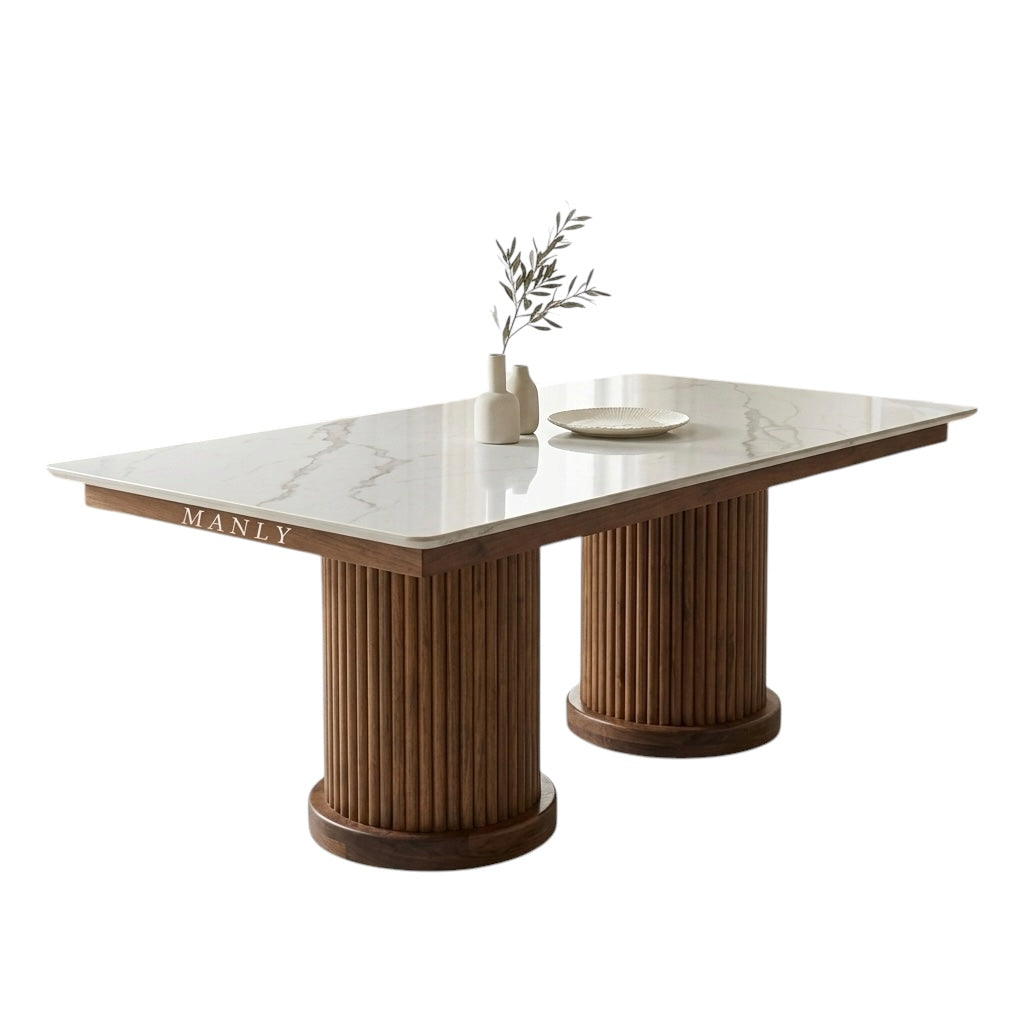 PILLER MODEL 6-SEATER DINING SET | ACACIA WOOD & WHITE CERAMIC TOP | 6×3.5 FT