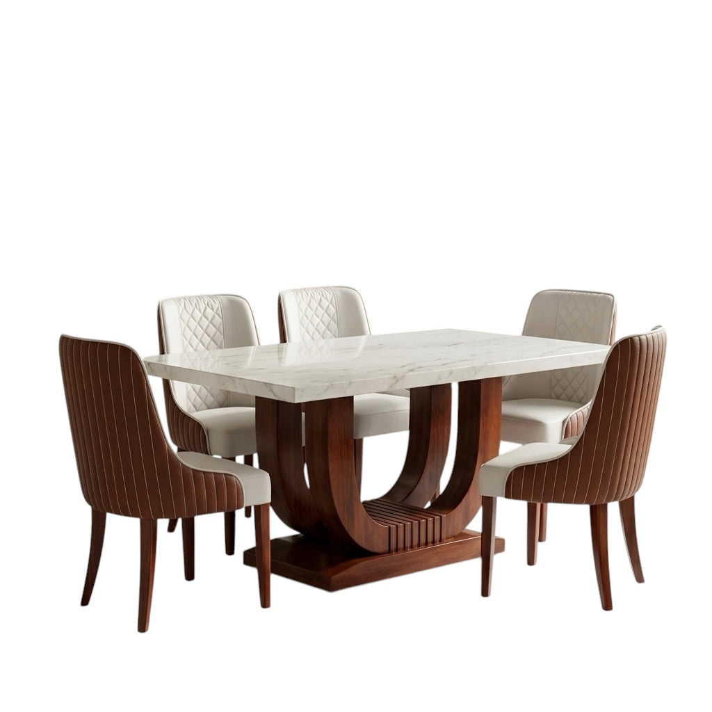 SEEV 6-SEATER DINING SET | MAHOGANY & CERAMIC TOP | REXIN CHAIRS | 6×3.5 FT