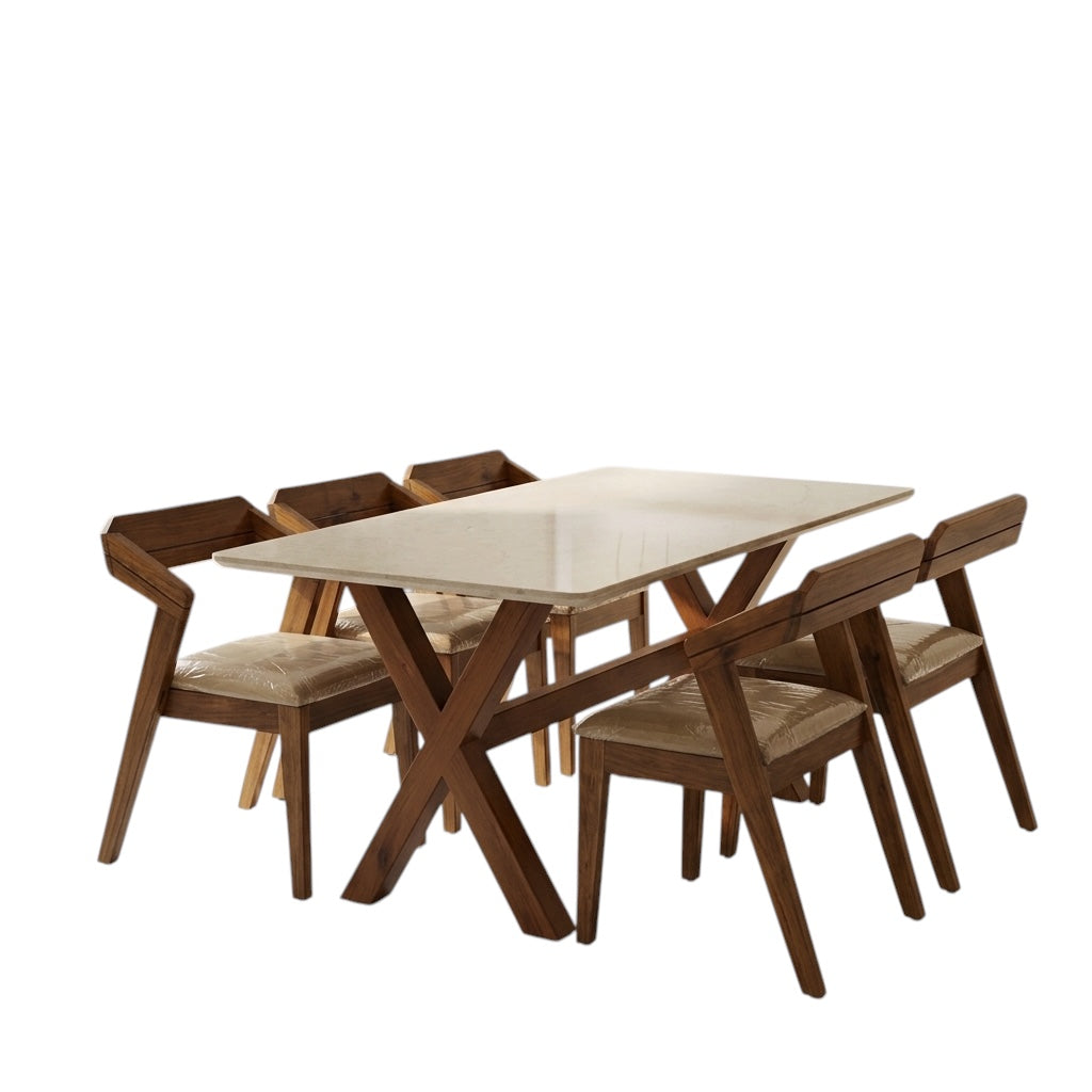 CHINX 6-SEATER DINING SET | ACACIA WOOD CHAIRS AND TREATED MAHAGONY WOOD TABLE  & CERAMIC TOP | 5x3 FT