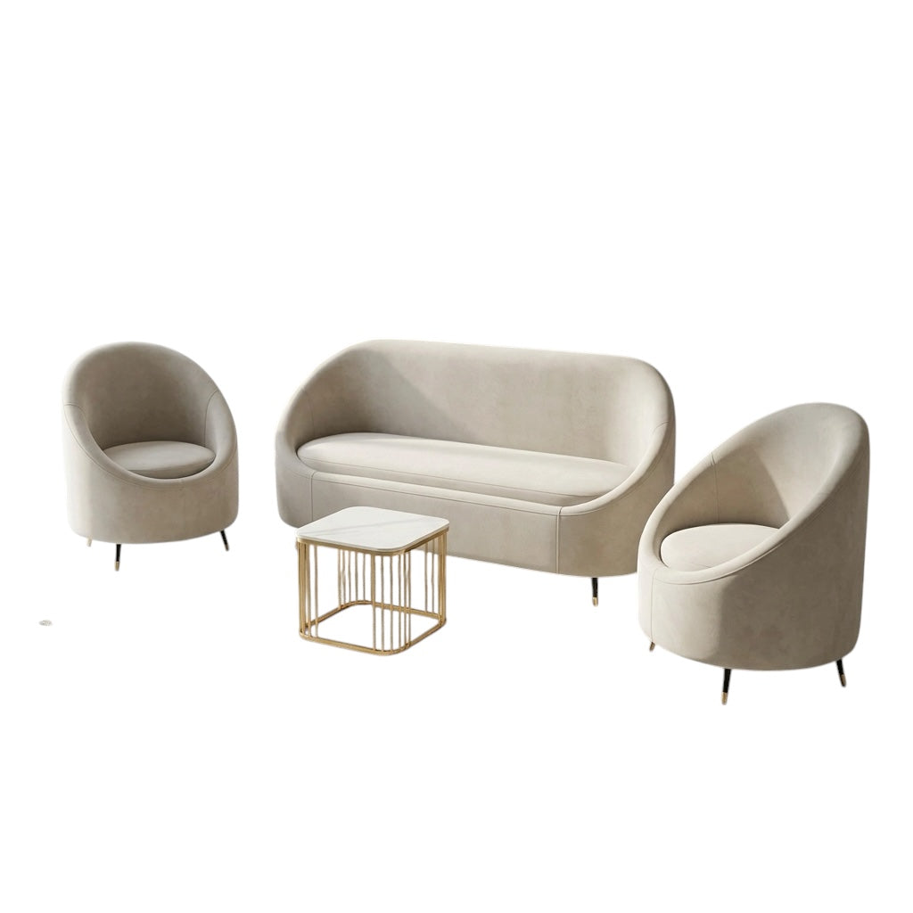ENIYON 3+1+1 ARM CHAIR SET | VELVET FABRIC & ACACIA WOOD | WHITE