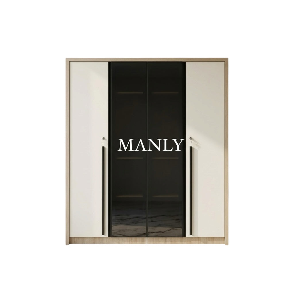 MUSK 4-DOOR WARDROBE | 2 GLASS DOORS | UV BOARD & PARTICLE BOARD | OFF WHITE