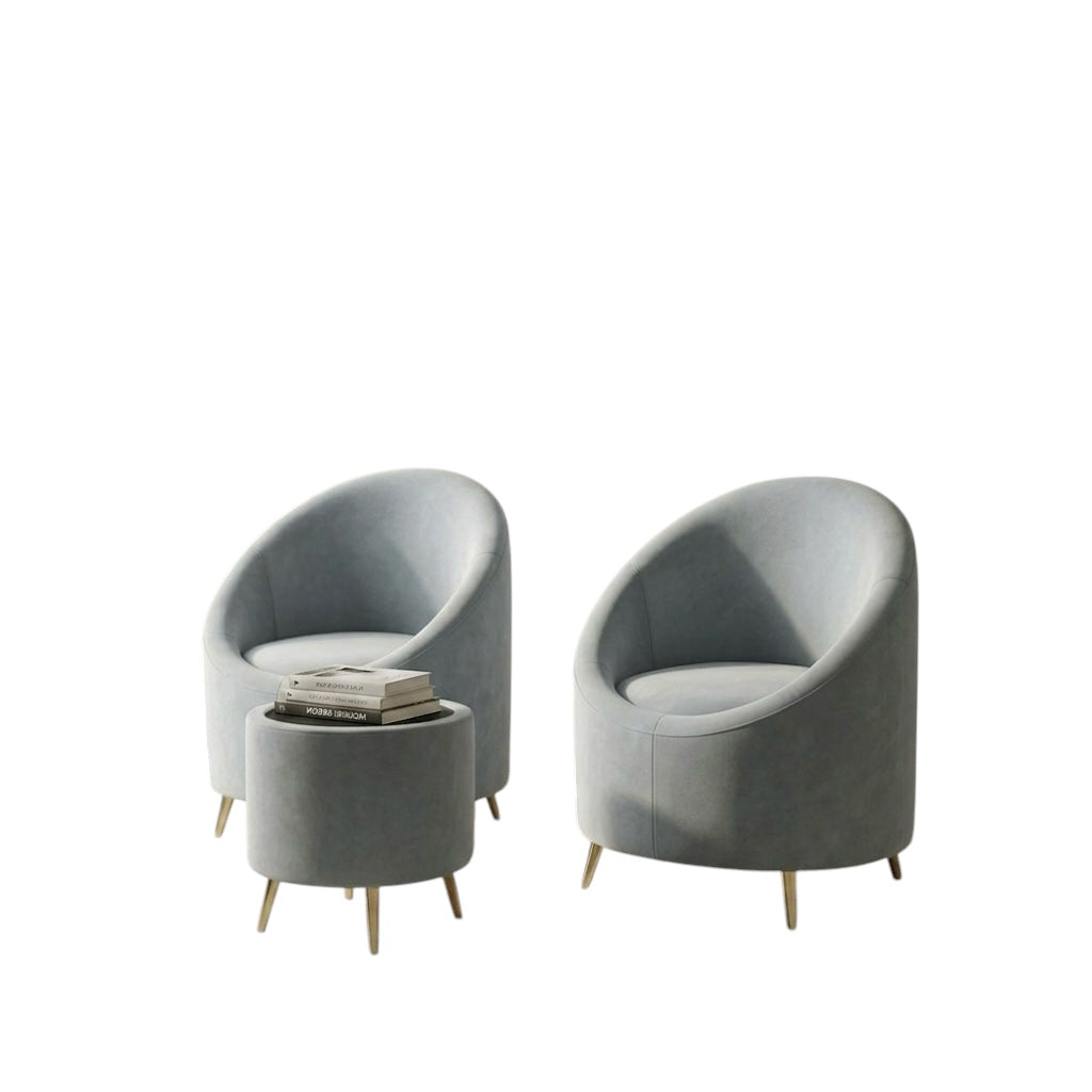 EGG  1+1 WITH TEAPOY ARM CHAIR SET -ACACIA WOOD AND VELVET FABRIC-COLOUR GREY