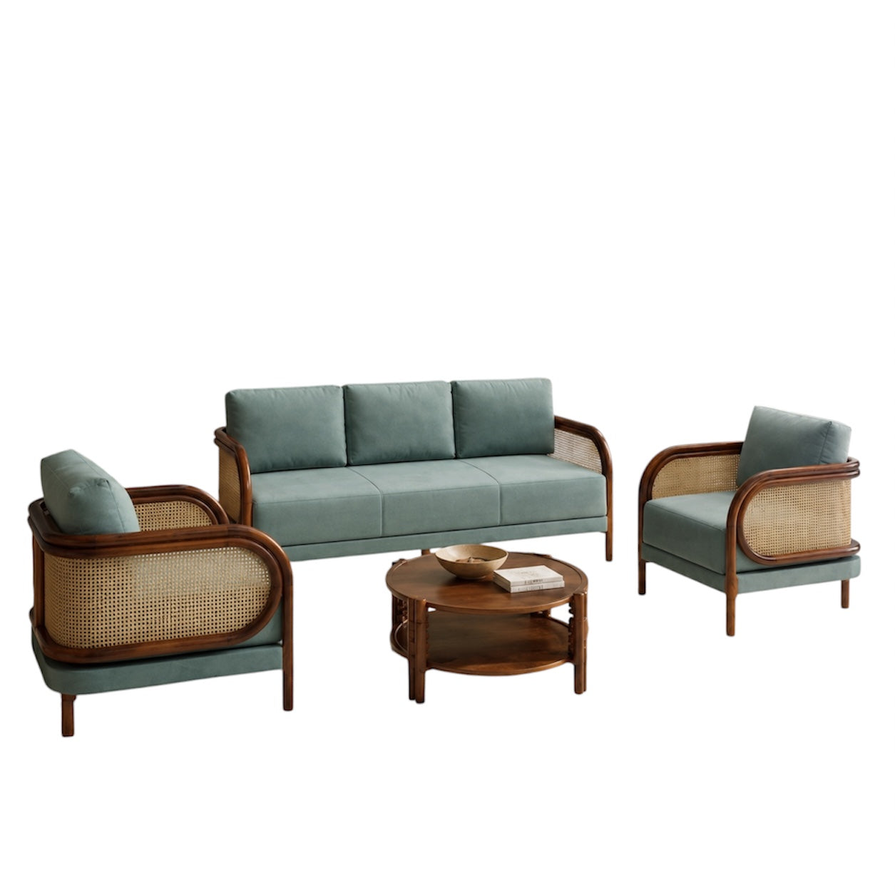 CANELIAN 3+1+1 SOFASET GREEN COLOUR | TREATED MAHAGONY WITH NATURAL CANE