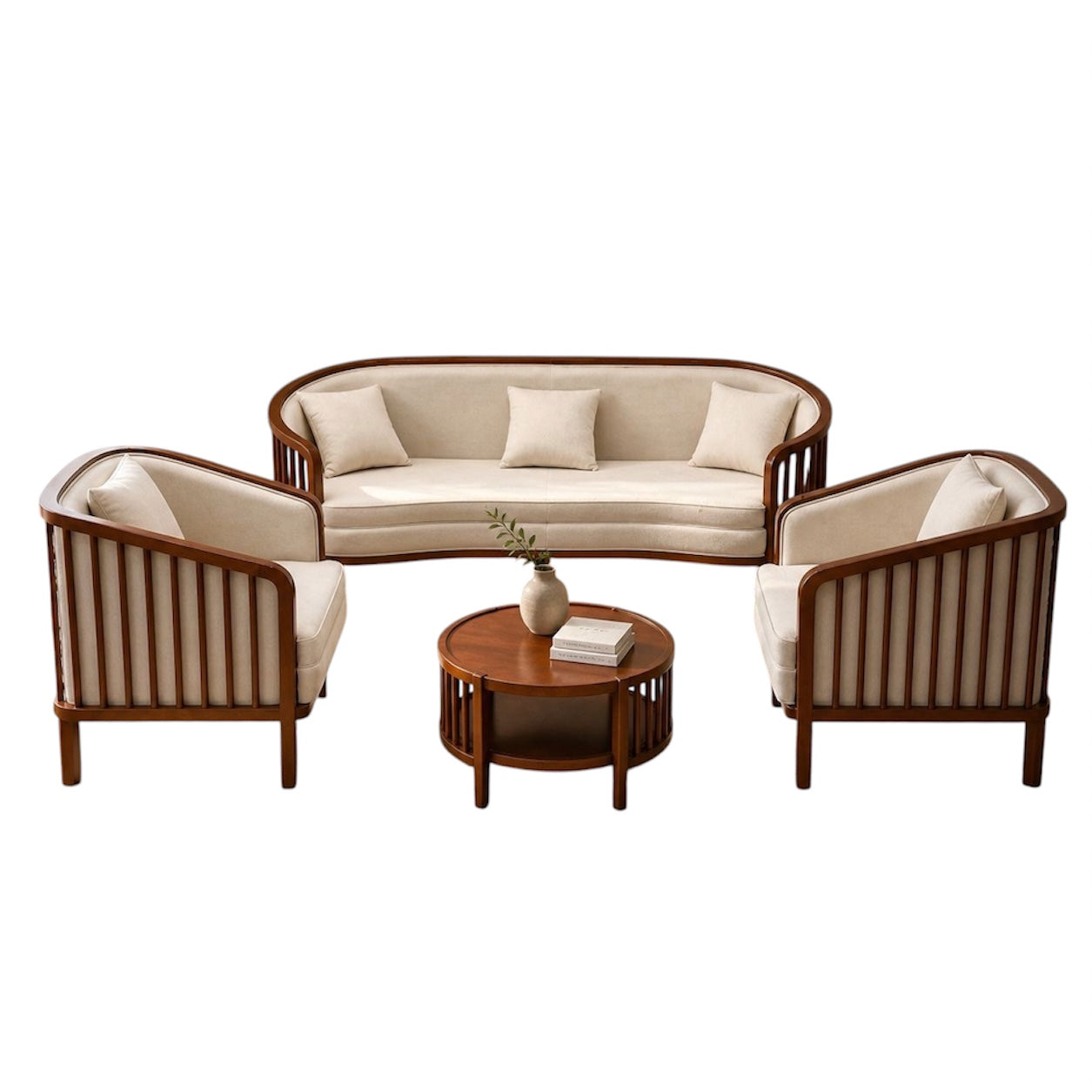 LIVORA 3+1+1 SOFASET  | TREATED MAHAGONY WOOD  & Fabric | CREAM COLOUR