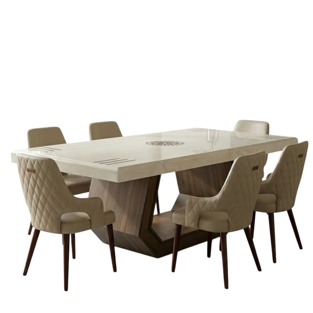 NIYEX 8-SEATER DINING SET | MAHOGANY & ONYX TOP | 8 CHAIRS | 7×3.5 FT