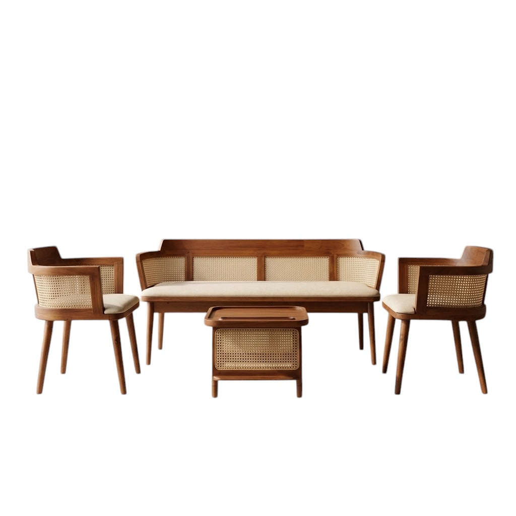 CANE SOFASET 3+1+1  – Treated Mahogany, CREAM COLOUR  Cane & Fabric | SUEDE MATERIAL